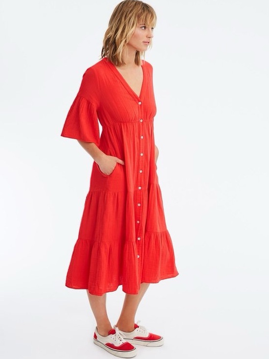 XiRENA Dresses & Skirts - Xirena Kendall Cotton tiered midi dress, Red Hot, size M, NWT, buttondown